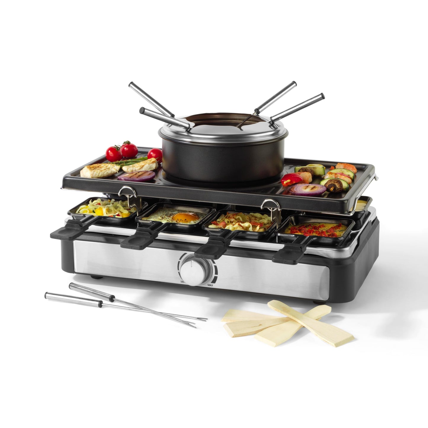 Petra 2-in-1 Raclette & Fondue, Large Teppanyaki Grill for 8 people, Smokeless Electric Grill, 1.3l Fondue pot with skewers, Includes wooden spatulas and sliders, for social evenings