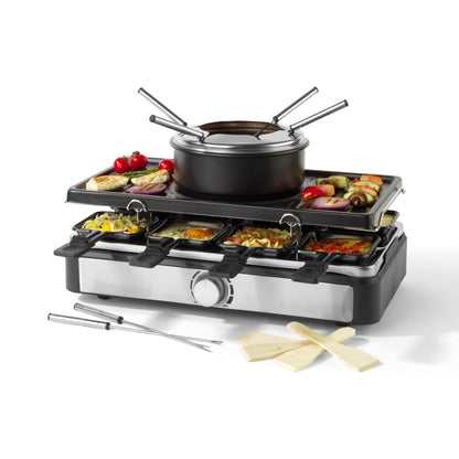 Petra 2-in-1 Raclette & Fondue, Large Teppanyaki Grill for 8 people, Smokeless Electric Grill, 1.3l Fondue pot with skewers, Includes wooden spatulas and sliders, for social evenings