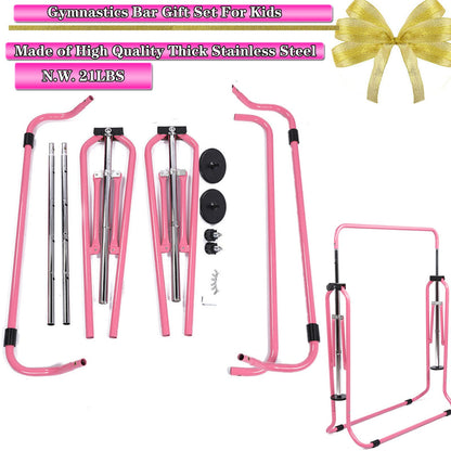 FINGER TEN Gymnastics Horizontal Kip Bar for Kids, Foldable 4 Height Adjustable Training Bars for Indoor/Outdoor Home Gymnastics (Pink)
