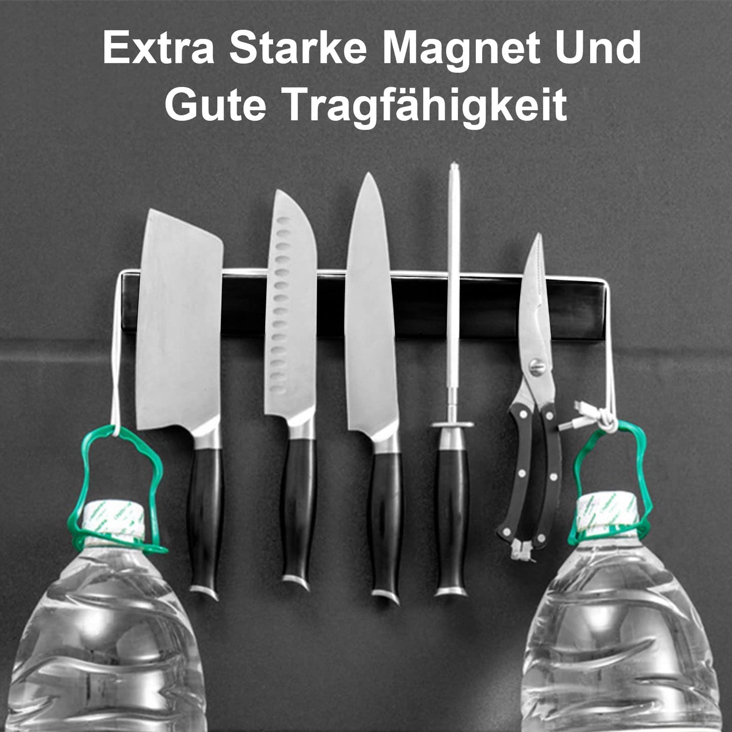 Trhillsbrad 16 inch Magnetic Knife Strip, Stainless Steel Knife Holder with 2 Hooks, Self Adhesive Black Magnetic Knife Rack, Wall Mounted Knife Holder without Drilling for Kitchen Knives.