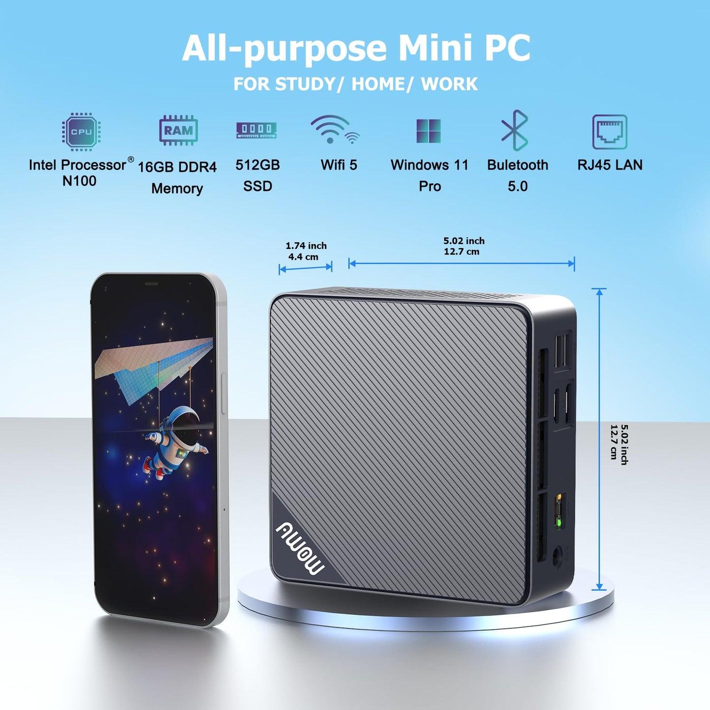 AWOW Mini PC W-11 Pro Gen12 N100 with Quad Core 3.40 GHz, 16 GB DDR4 512 GB M.2 SSD. This Mini Desktop Computer features Dual Display with HDMI DP 4K@60 Hz, RJ45 1000Mbps Gigabit Ethernet, and WiFi5.