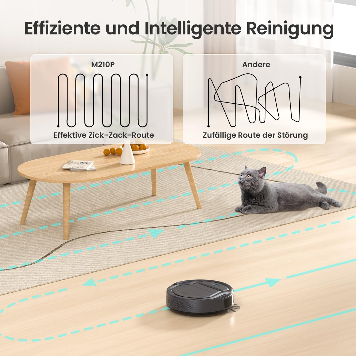 LEFANT M210PG robot vacuum with 2200 Pa, WiFi, compatible with Alexa and app control, 120 min runtime, optimized for carpets, pet hair, and hard floors with charging dock.