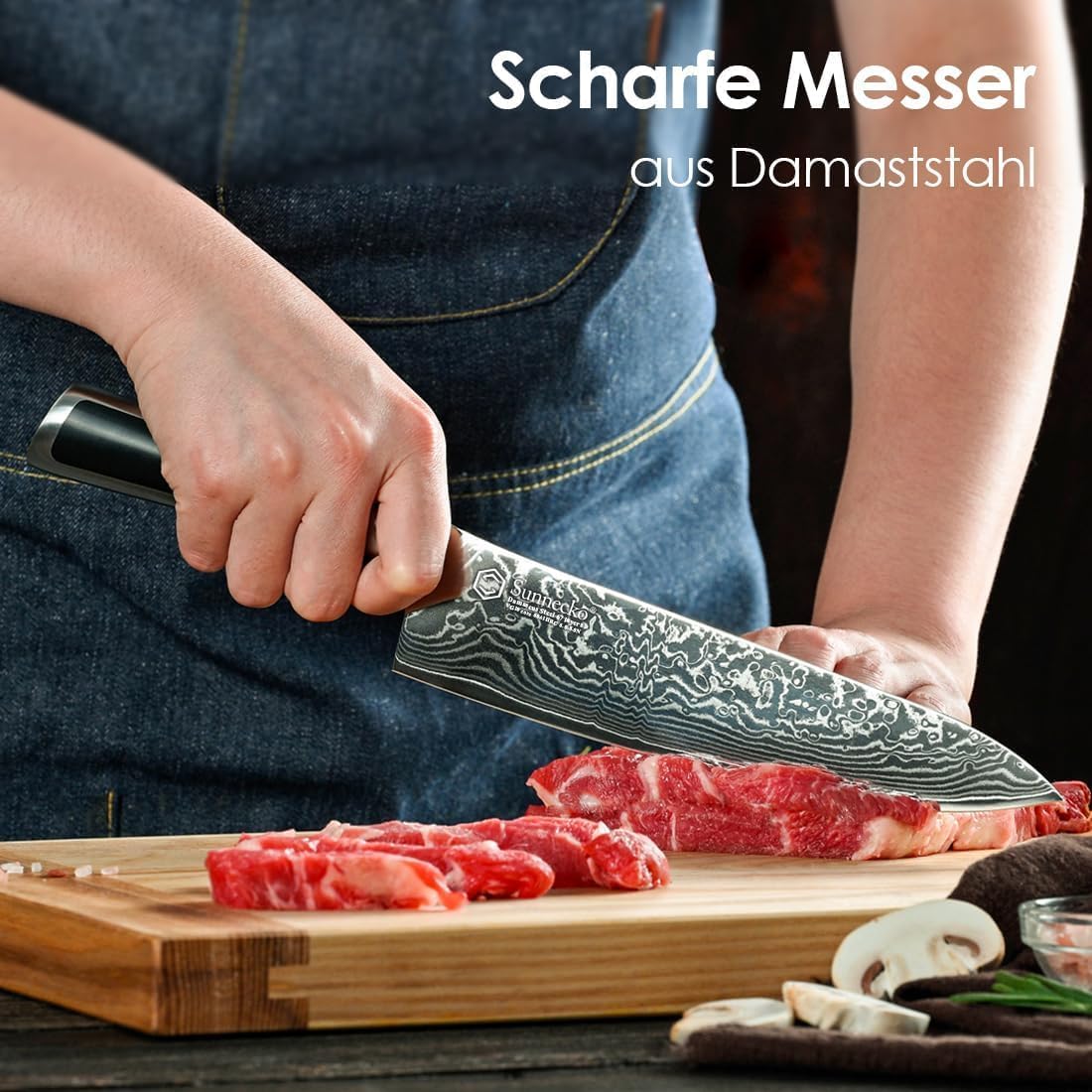 Sunnecko 20cm damascus chef knife kitchen knife - Sharp knife made of damascus steel, damascus kitchen knife with ergonomic handle, meat knife for kitchen