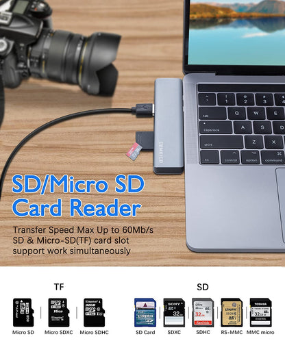 7 IN 2 USB C Hub for MacBook Pro MacBook Air, DEMKICO USB C Dock, MacBook Pro Adapter with 4K HDMI, USB 3.0 & USB 2.0 ports, SD/TF card reader, Thunderbolt 3 (87W PD), and USB C Female Port.