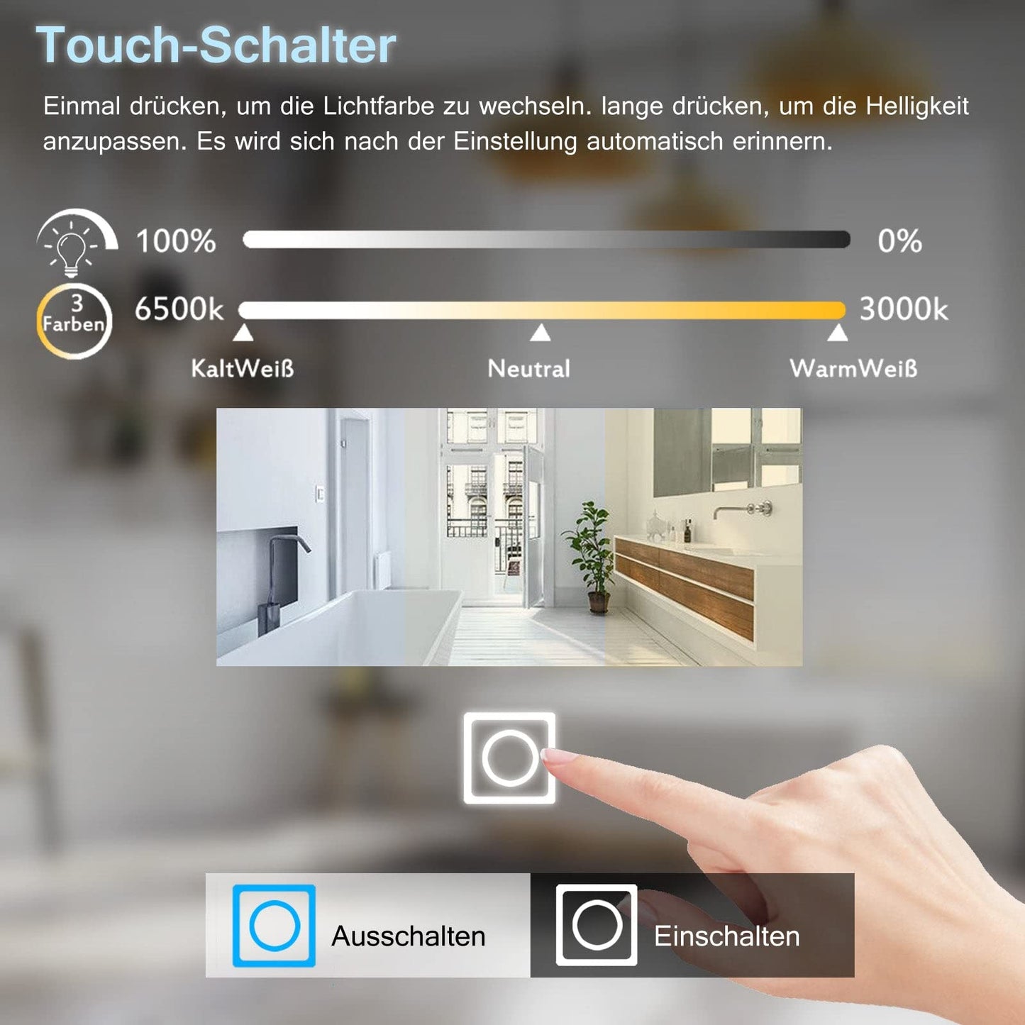 MEESALISA LED bathroom mirror 100x70 cm with lighting Bathroom wall mirror Anti-fog light mirror with socket Clock Touch Dimmable