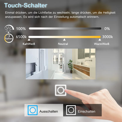 MEESALISA LED bathroom mirror 100x70 cm with lighting Bathroom wall mirror Anti-fog light mirror with socket Clock Touch Dimmable