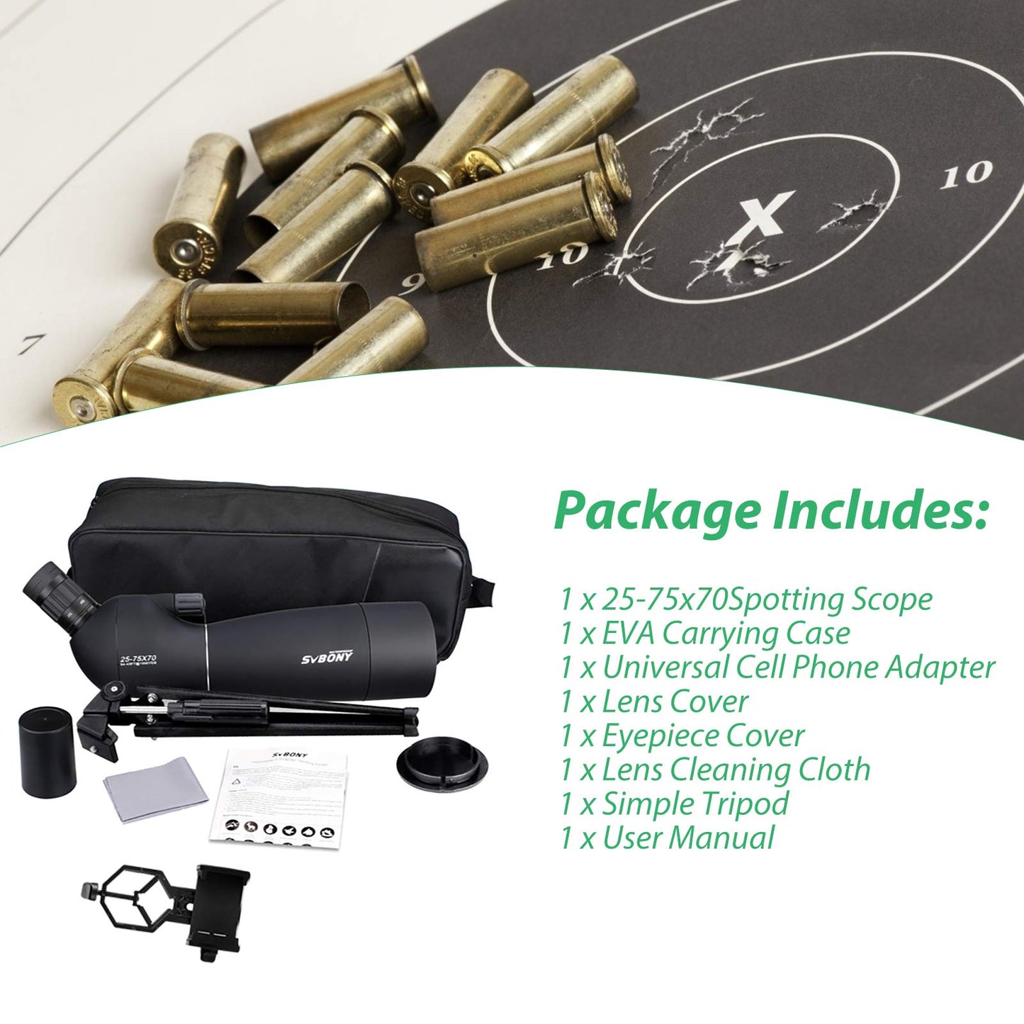 Svbony SV28 Spotting Scope, 25-75x70 Spotting Scope with Tripod, HD BAK4 Prism FMC Lens Spotting Scope with Phone Adapter for target shooting, archery, bird watching, moon viewing.