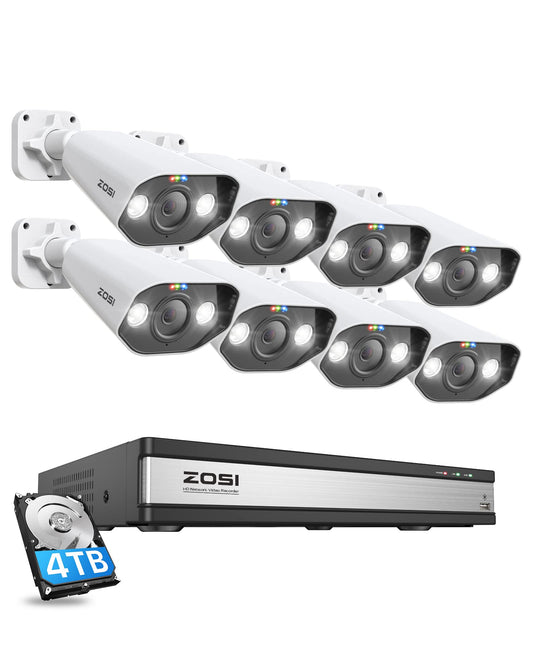 ZOSI 5MP Surveillance Camera Outdoor Set, 16CH 4TB HDD NVR and 8X 5MP PoE IP Outdoor Camera for 24/7 recording, 2-way audio, AI detection, spotlight, and sound alarm.