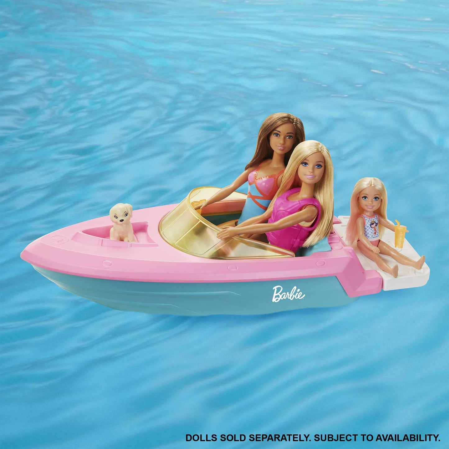 Barbie speedboat, pink life jacket, pink, blue, and white boat, puppy, accessories, dolls, gift for kids, toy for ages 3+,GRG29