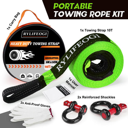 RYLIFEOGI Tow Rope 10 Tons (22,000Lbs), 5mx5cm Heavy Duty Tow Strap with 2 Reinforced Hooks 2 Gloves for Off-Road Vehicles (Green)