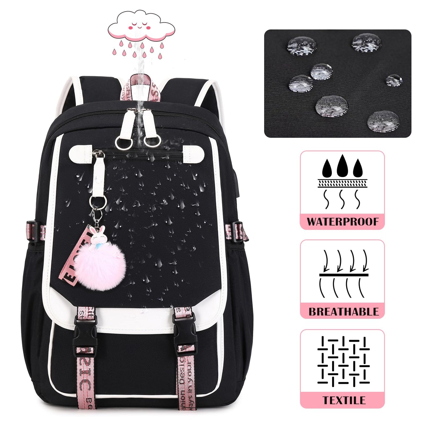 Bevalsa school backpack set for girls with lunch bag, 21L waterproof large casual daypack for elementary students in black color.