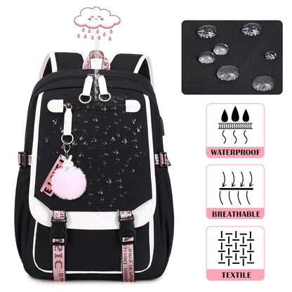 Bevalsa school backpack set for girls with lunch bag, 21L waterproof large casual daypack for elementary students in black color.