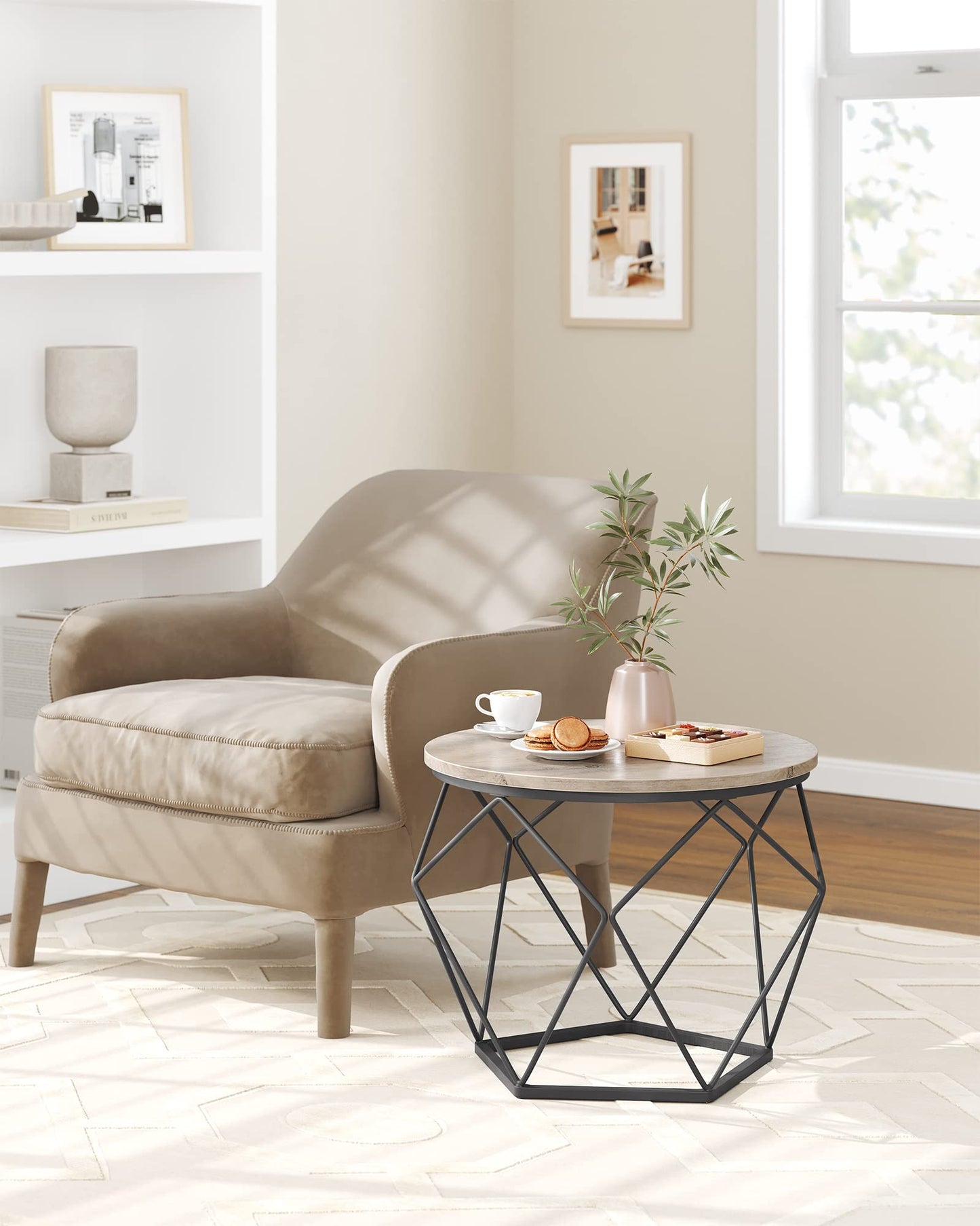 VASAGLE round coffee table, set of 2, living room table, side table, vintage flair, removable tabletop, for living room, greige-ink black LET040B02