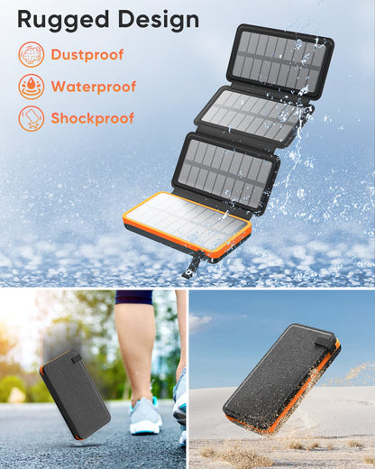 Hiluckey Solar Powerbank 25000mAh with 4 solar panels, 3A fast charging USB C portable solar charger with 3 outputs external battery for phone tablet