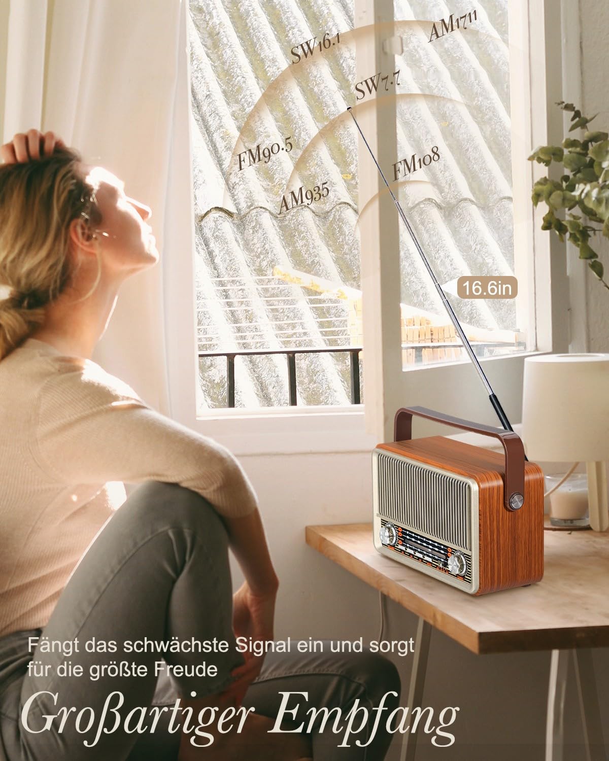 PRUNUS J-120 AM/FM/SW Retro Radio Small, portable radio with 1800mAh battery, or AC power, kitchen radio with Bluetooth, supports USB/TF/AUX, simple radio for seniors. [Light Gold]