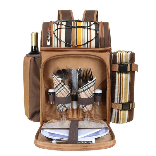 Hap Tim picnic backpack cooler for 2 people with insulated leak-proof cooler bag, wine holder, fleece blanket, cutlery set, perfect for beach, day trips, hiking, camping.