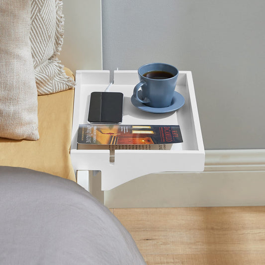 SoBuy clamp shelf for the bed with cable management - Bamboo nightstand for books, smartphones & glasses, 36x25x9cm White NKD01-W
