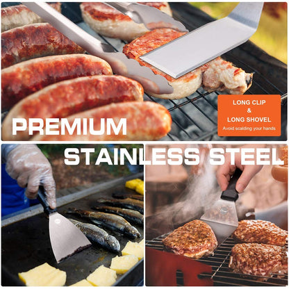 Careful Grill Spatula Set, Stainless Steel 9 Pcs Flat-Top Grill Tool Set, Professional BBQ Accessories Grill Turner with Brushes Bottles and Carry Bag, Ideal for Outdoor Grilling, Teppanyaki, and Camping