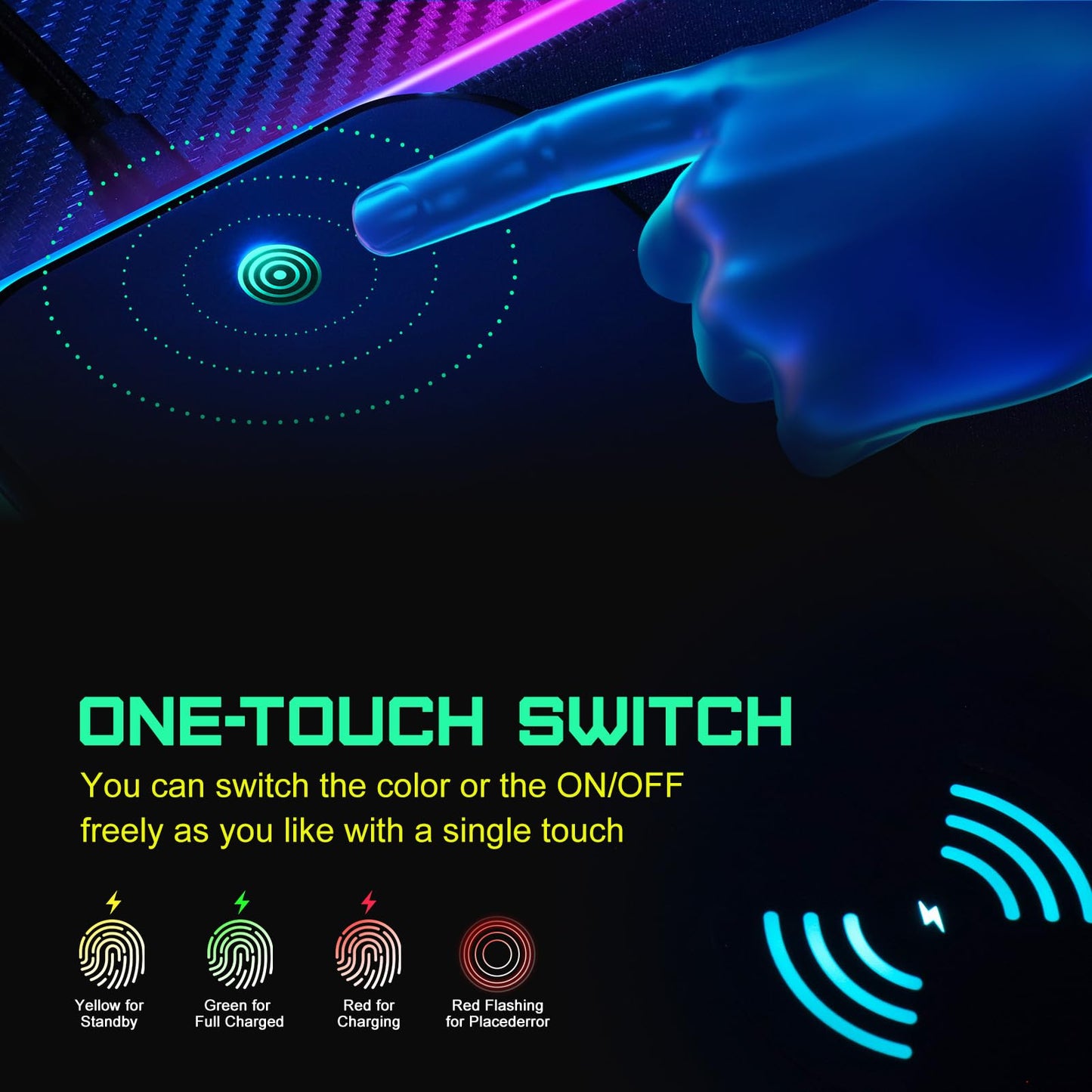 RGB Gaming Mousepad with 15W Qi Mousepad LED, 10 lighting modes and 15W fast charging Qi wireless charging for iPhone, headphones, waterproof, non-slip for gaming, desks, PC, and office.
