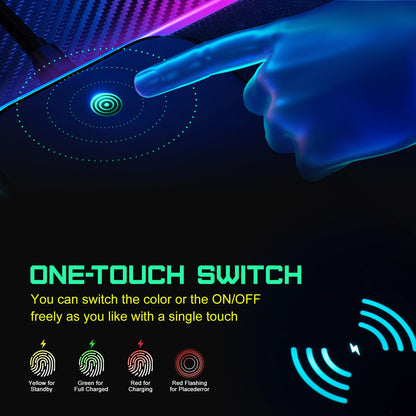 RGB Gaming Mousepad with 15W Qi Mousepad LED, 10 lighting modes and 15W fast charging Qi wireless charging for iPhone, headphones, waterproof, non-slip for gaming, desks, PC, and office.