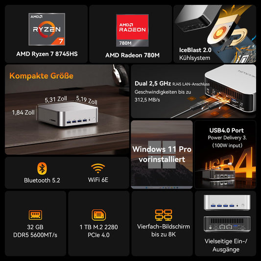 GEEKOM Mini PC A8 Max with AMD Ryzen 7 8745HS, 2.5Gbps Dual LAN Port, 3-year warranty, 32GB DDR5 1TB SSD, Mini Computer W-11 Pro | 8 USB | 8K Quad-Display, for Gaming/Creativity/Office.