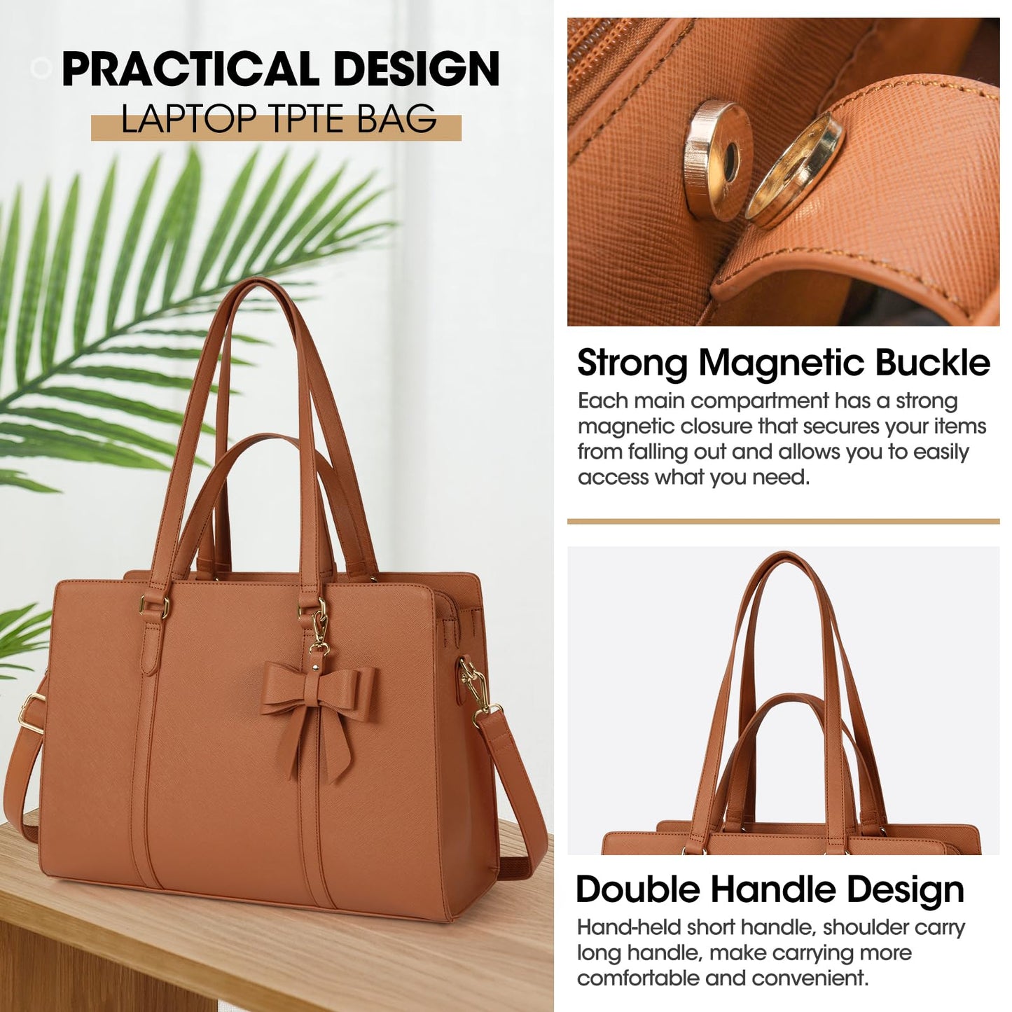 NEWHEY Handbag Women Shopper Women Large Brown Bag Women Laptop Bag 15.6 Inch PU Leather Shoulder Bag Work Bag for Business Work School