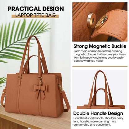 NEWHEY Handbag Women Shopper Women Large Brown Bag Women Laptop Bag 15.6 Inch PU Leather Shoulder Bag Work Bag for Business Work School