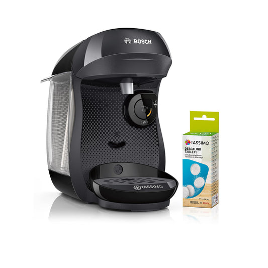 Bosch Tassimo happy friendly capsule machine TAS102EA, over 70 drinks, suitable for all cup sizes, auto-off function, sustainable, includes descaling tablets, compact design, 1400 W, black
