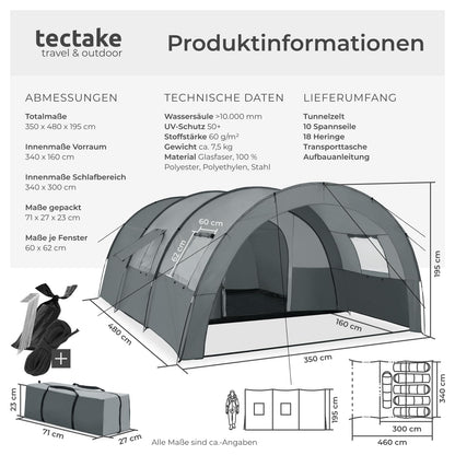 TECTAKE® tunnel tent, 6 people, family tent, large tent with awning and floor mat, UV protection, camping tent including carrying bag, 350 x 480 x 195 cm - dark gray/light gray.