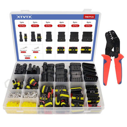 740pcs car plugs, car connectors, waterproof car plugs, waterproof plugs 12v, with crimping tool, 1/2/3/4/5/6 pin car plugs, suitable for cars, motorcycles, boats, trucks.