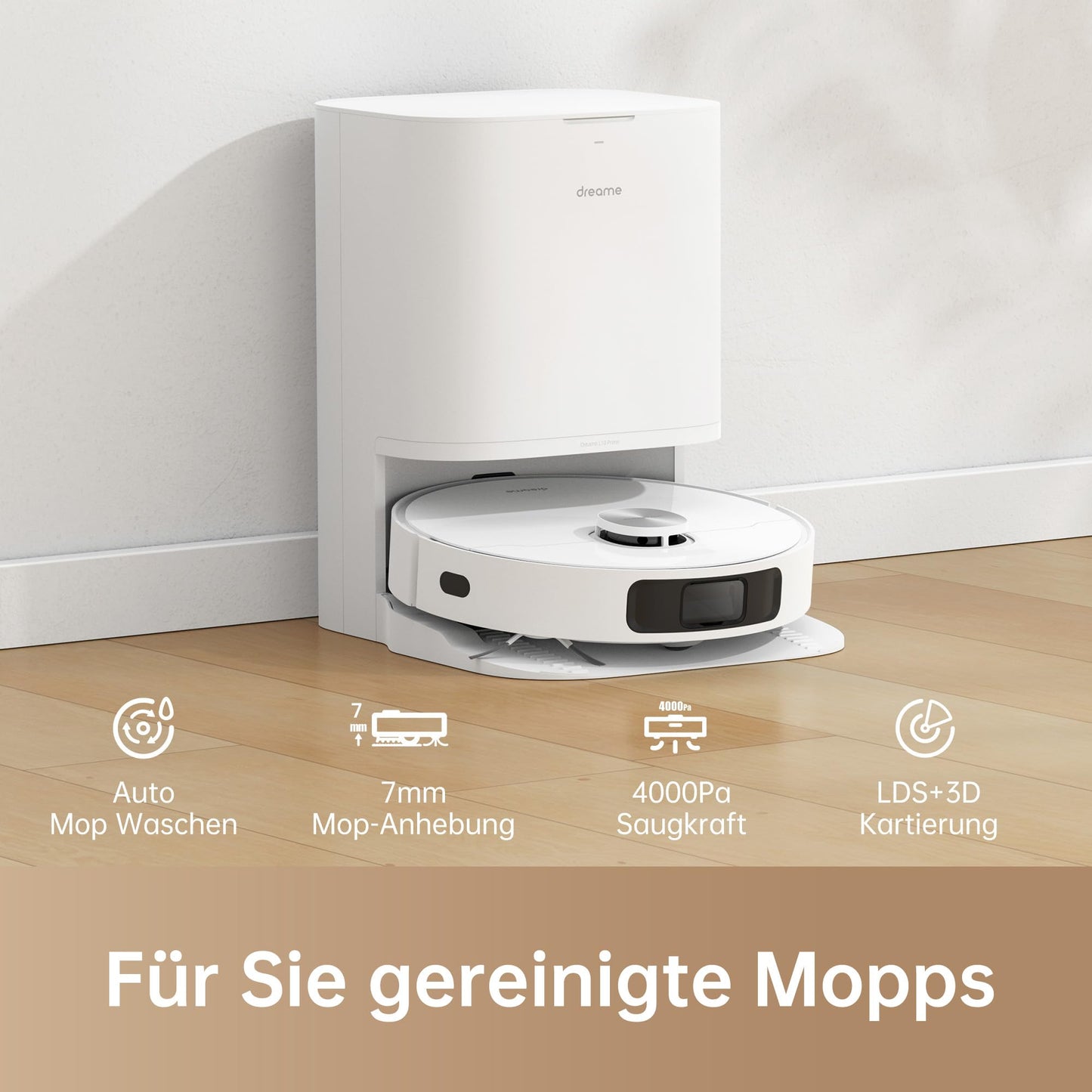 dreame L10 Prime robot vacuum and mop with automatic washing station for mop pads, 7mm mop lifting, LDS navigation, 4000Pa suction power, 3D mapping, WiFi/app control.