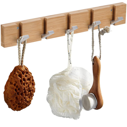 QILICZ 2-pack coat hooks - wall coat rack with 5 folding hooks made of bamboo. Ideal for coats, hats, scarves, keys, and towels. Foldable design for compact storage.
