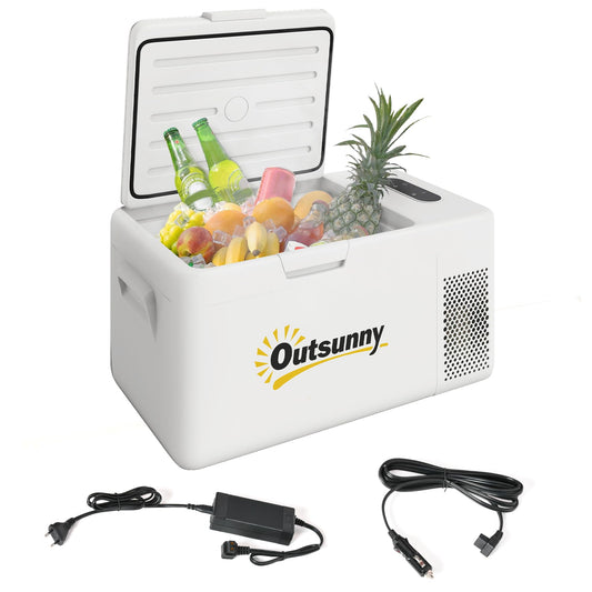 Outsunny 16.8 Liter Electric Compressor Cooler Box Mini Fridge up to -20°C with LED Mode Connection Cooling Function Quiet Freezer Box Thermobox 12/230 Volt for Car Truck, Boat Travel Cream White
