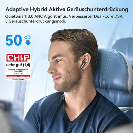 EarFun Air Pro 4 Bluetooth headphones with Adaptive Hybrid Noise Cancellation, aptX Lossless, Hi-Res Audio, LDAC, 6 microphones cVc 8.0 AI calls, 52H battery life, Multipoint, Bluetooth 5.4, In Ear Detection.