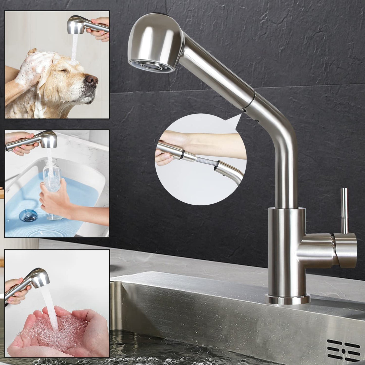 Wall-mounted kitchen faucet with pull-out sprayer: Brushed stainless steel faucet with hand shower mixer tap sink faucet with 2 spray modes 360° rotatable kitchen tap for sink garden bathroom