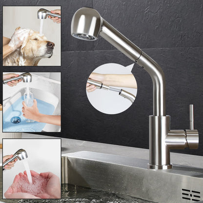 Wall-mounted kitchen faucet with pull-out sprayer: Brushed stainless steel faucet with hand shower mixer tap sink faucet with 2 spray modes 360° rotatable kitchen tap for sink garden bathroom