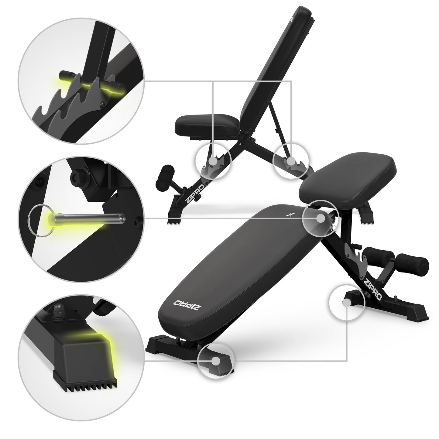 Zipro folding incline bench Jacked, fitness bench with 7-level adjustable backrest, 3-level adjustable seat cushion, weight capacity 230kg, multifunction sit up bench.