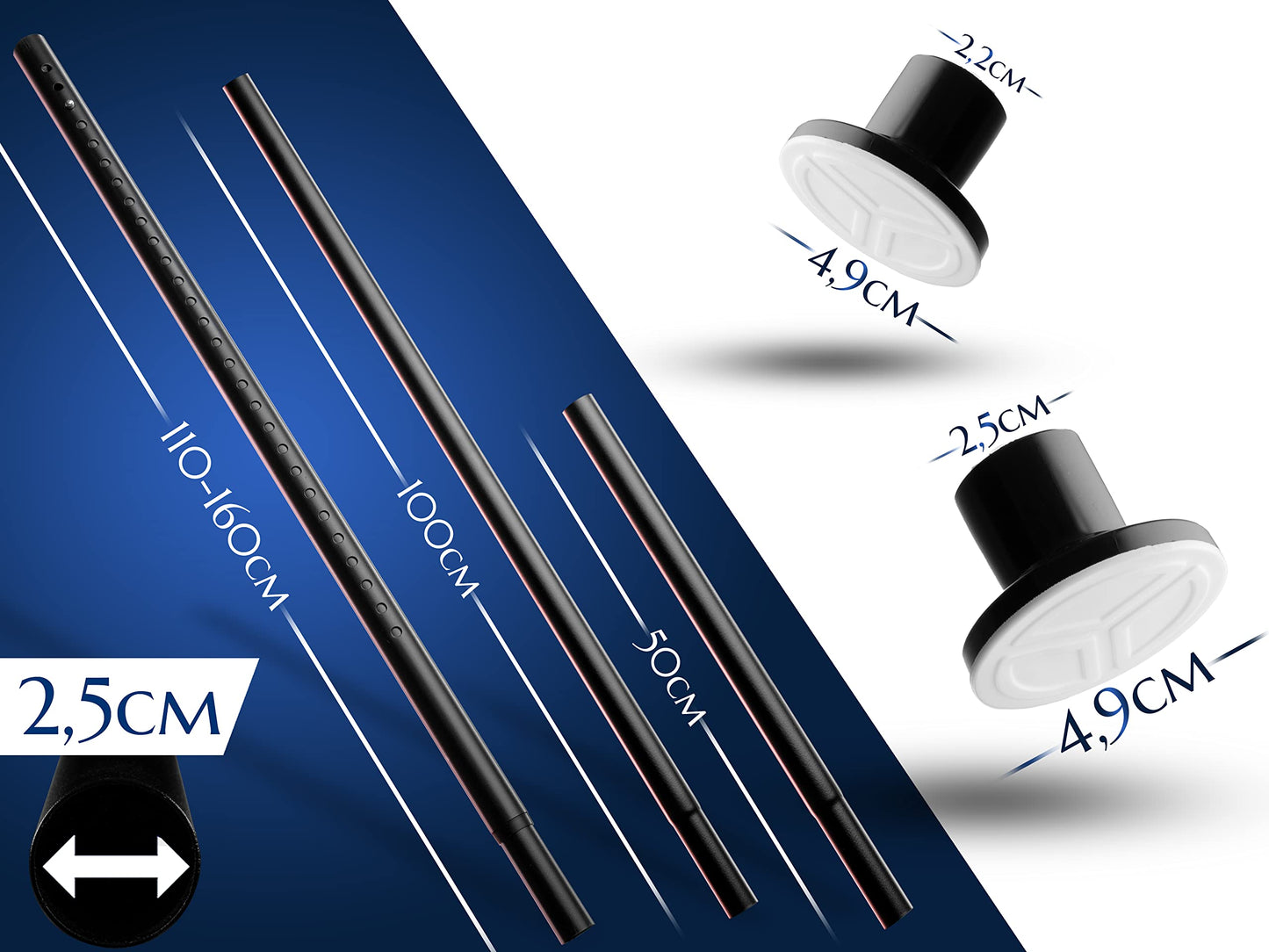 MEISENBERG telescopic tension rod 260-310cm, matte black, Ø 25mm, multifunctional clamping rod without drilling - curtain rod tension rod, shower curtain rods for curtains, bathrooms, and balconies.