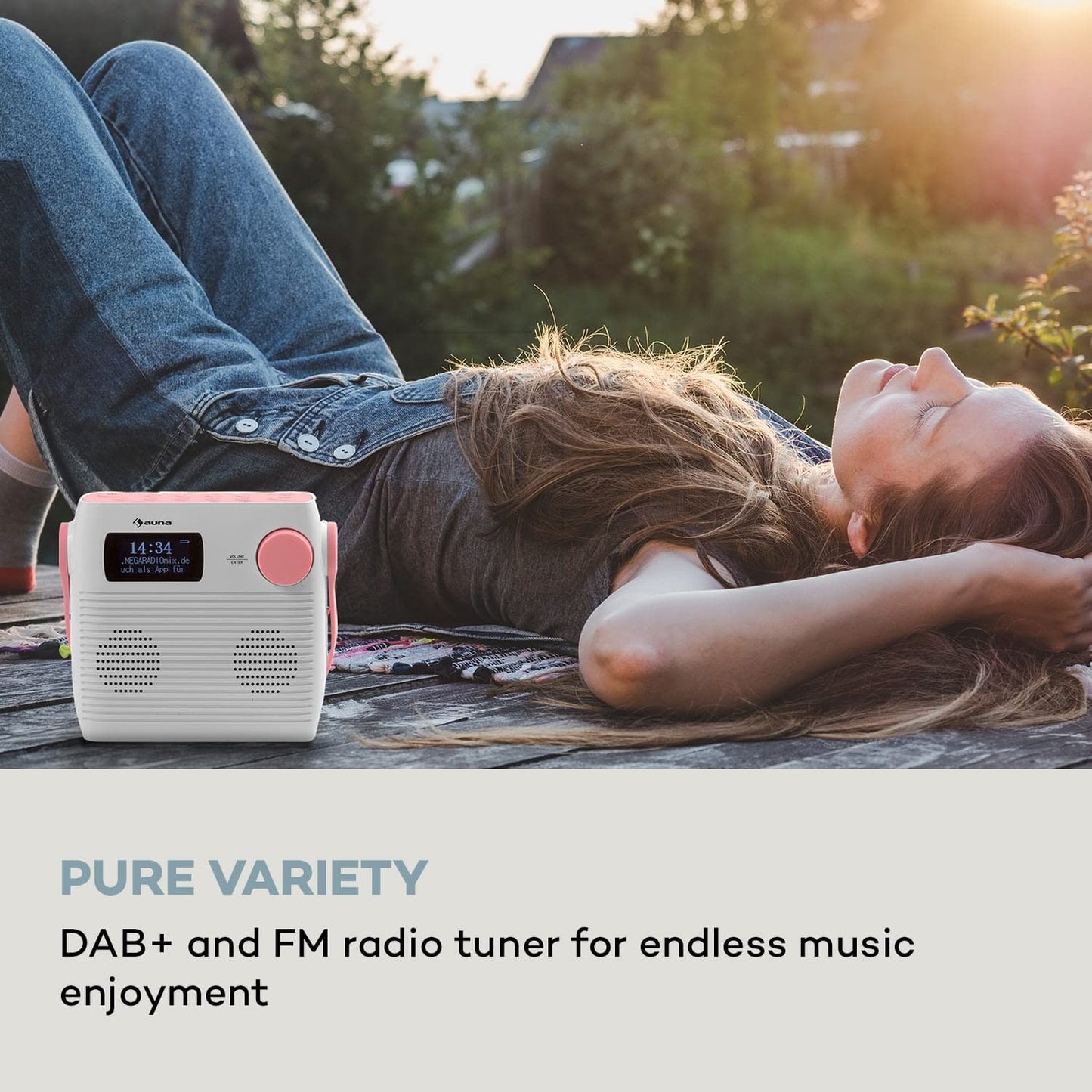 Auna Splash Shower Radio, DAB Radio, BT DAB+/FM IPX4, DAB+ Radio with USB port, headphone jack USB-C battery, digital radio, white-pink