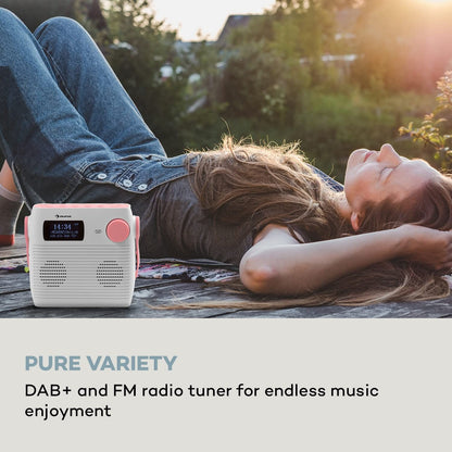 Auna Splash Shower Radio, DAB Radio, BT DAB+/FM IPX4, DAB+ Radio with USB port, headphone jack USB-C battery, digital radio, white-pink