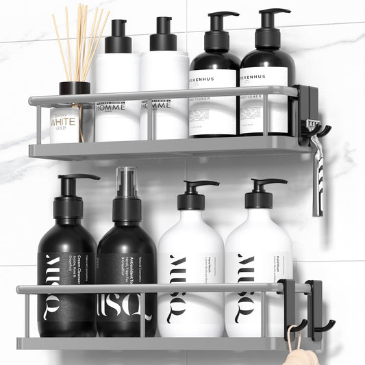 YASONIC shower caddy without drilling, bathroom organizer, shower shelf without drilling, shower holder without drilling shampoo holder for shower, bathroom shelf without drilling with 4 removable hooks, grey.
