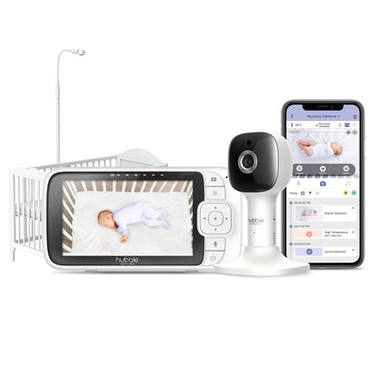 Hubble Connected Nursery Pal SkyView Baby Monitor comes with Camera, 5" Screen, Cot Mount, 7 Colour Night Light, Infrared Night Vision, Two-Way Call, Room Temperature Sensor, and smartphone app.