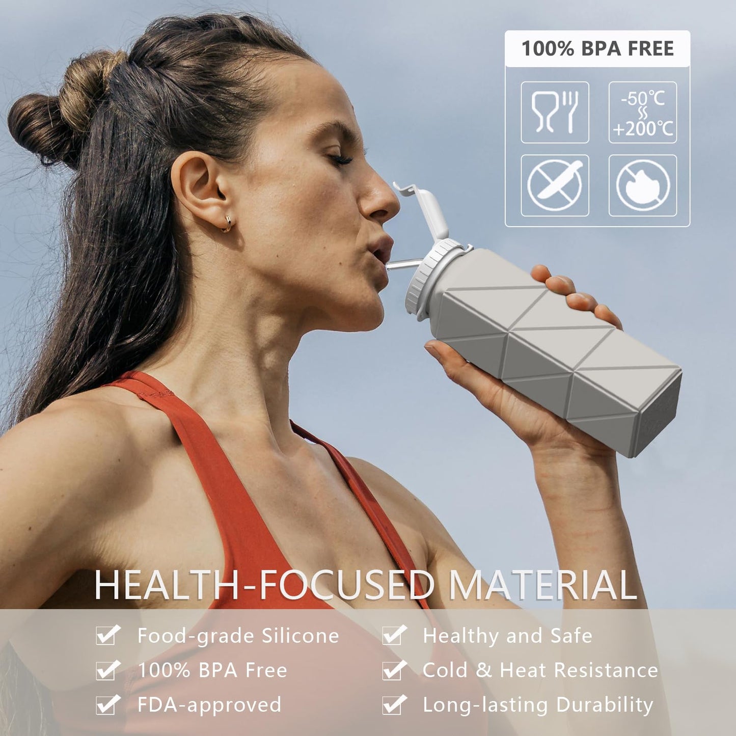 BEAUTAIL Foldable Water Bottle 610ML with Straw, Portable Silicone Water Bottle, Drinking Container, Lightweight, Reusable, for Fitness, Cycling, Sports, Outdoor Sports Bottle (Black+Starlight).