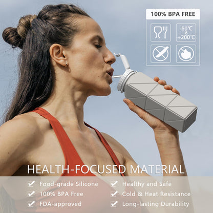 BEAUTAIL Foldable Water Bottle 610ML with Straw, Portable Silicone Water Bottle, Drinking Container, Lightweight, Reusable, for Fitness, Cycling, Sports, Outdoor Sports Bottle (Black+Starlight).