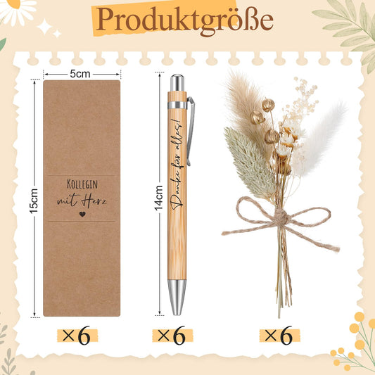 Hestya 6 Sets of Colleague with Heart Gifts Include 6 Engraved Wooden Pens, 6 Real Dried Flower Bouquets, 6 Paper Pen Holders for Farewell Gifts for Teacher, Colleagues, Friends.