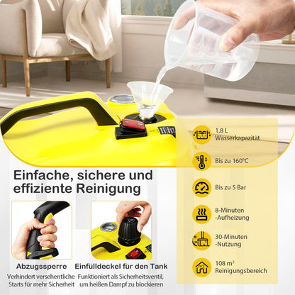 RELAX4LIFE Steam Cleaner, Steam Pressure: 5 bar, Power: 2000 W, Area Performance: 108 m², Tank: 1.8 L, Heating Time: 8 min., includes floor cleaning set, nozzles, for carpets, floors, tiles, windows, sofa