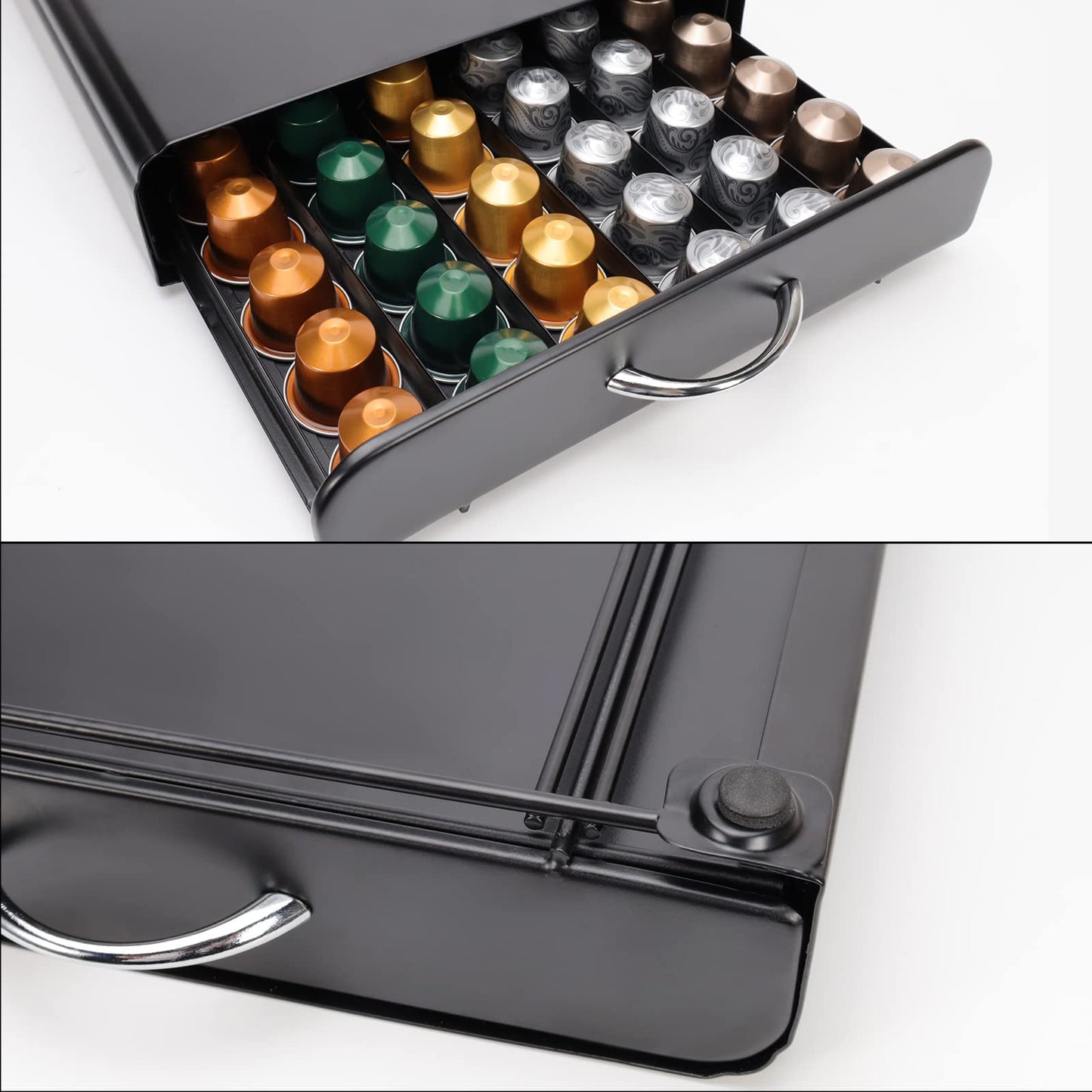 SYSYLY Capsule Holder, Drawer for Nespresso Capsule Storage, Organizer for 60 Capsules, Metal, Black.