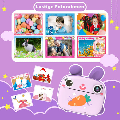 Children's camera instant camera, CAMCLID camera for children with 3 rolls of thermal paper & 32GB card, digital camera & video camera with 2.4" screen, instant camera gift for girls boys (purple)