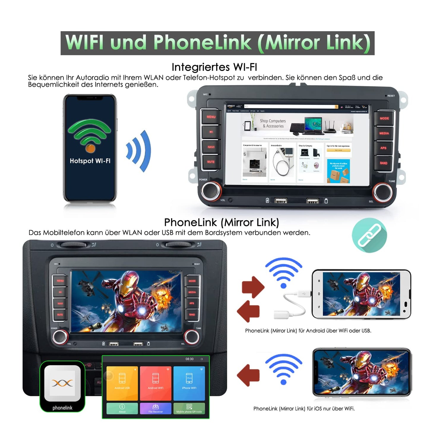 iFreGo 7 inch Android car stereo with built-in DAB+ and Carplay, 2 Din Car Radio for VW Golf, Skoda, Seat. Features Bluetooth, FM Radio, USB, reverse camera, WiFi, steering wheel control, and 7-color lighting.