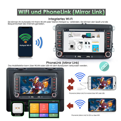 iFreGo 7 inch Android car stereo with built-in DAB+ and Carplay, 2 Din Car Radio for VW Golf, Skoda, Seat. Features Bluetooth, FM Radio, USB, reverse camera, WiFi, steering wheel control, and 7-color lighting.